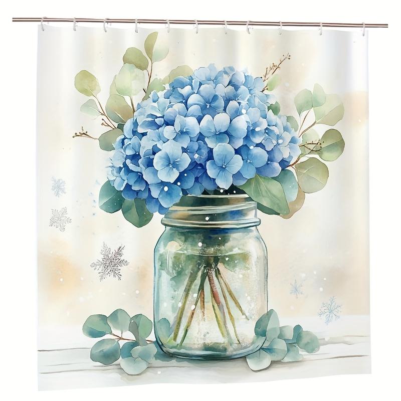 1pc Watercolor Blue Hydrangeas Shower Curtain - Eucalyptus Design, 71x71 Inch, Polyester, Hand Wash, Stylish Bathroom Decor