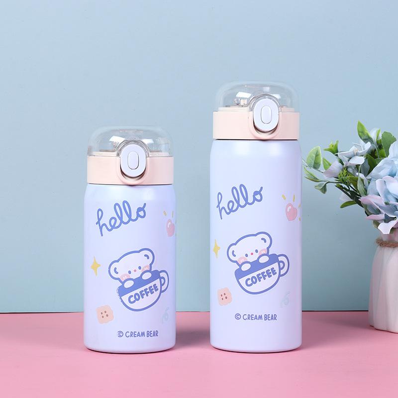 Cute Bear Insulated Water Bottle 304 Stainless Steel Double Wall Vacuum Flask Portable Leak-Proof Travel Mug For Students Kids