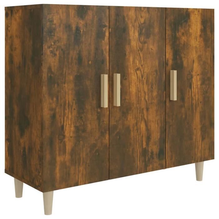 Low Buffet - Smoked Oak - 90x34x80 Cm - 3 Doors - Engineered Wood - Classic Style