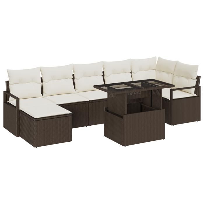 Set de sofa de jardin vidaXL 8 pièces avec coussins marron en polyrotin, Sofa de jardin vidaXL 2 places avec coussins marron 3348864
