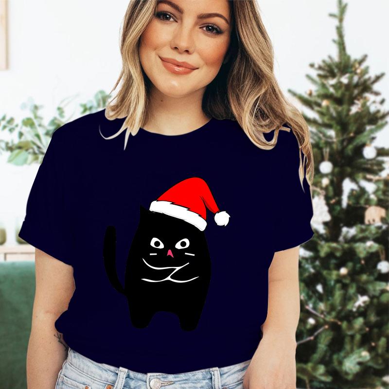 Christmas Black Santa Cat Trend Style Short Sleeve Tshirt Womens Christmas Gift Cute Animals Lovers Cartoon Classic Tshirts
