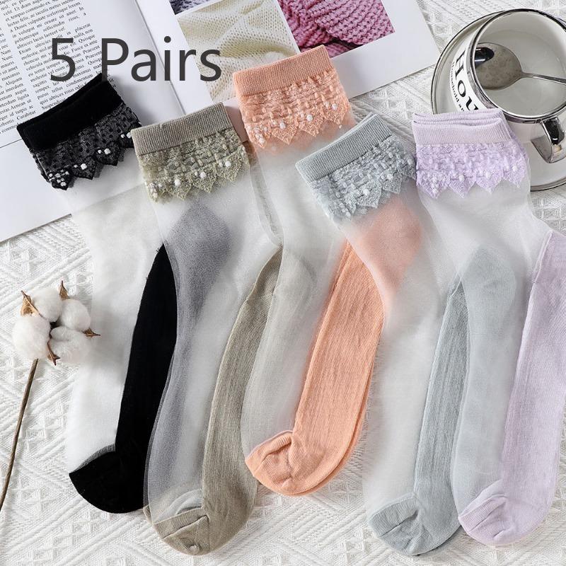 5 Pairs of Women's Summer Super Thin Polka Dot Cotton Sole Anti Hook Embroidered Clear Crystal Stockings