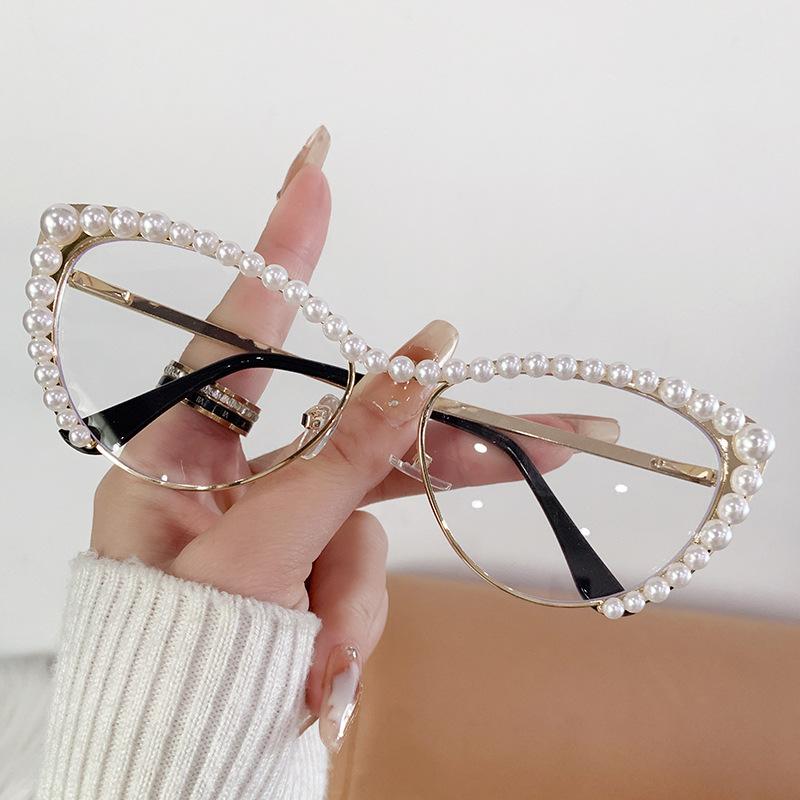 Diamond-Set Pearl Cat'S Eye Large Frame Sunglasses Women'S Metal Frame Sunglasses Glasses