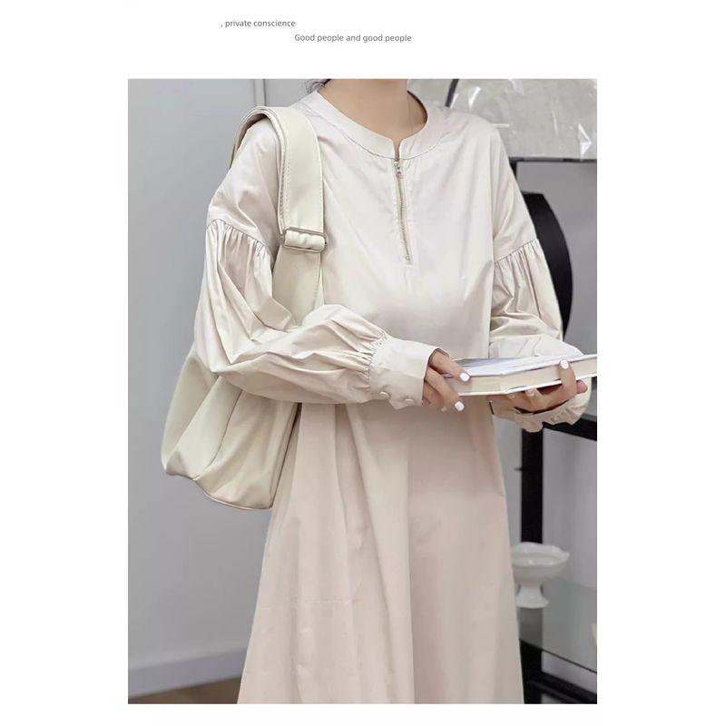 

Spring New Arrival Women s Lantern Sleeve Loose Slim Looking Dress Women s Japanese Style Long Dress Pure Color Arm Covering Long Sleeve Skirt Khaki L