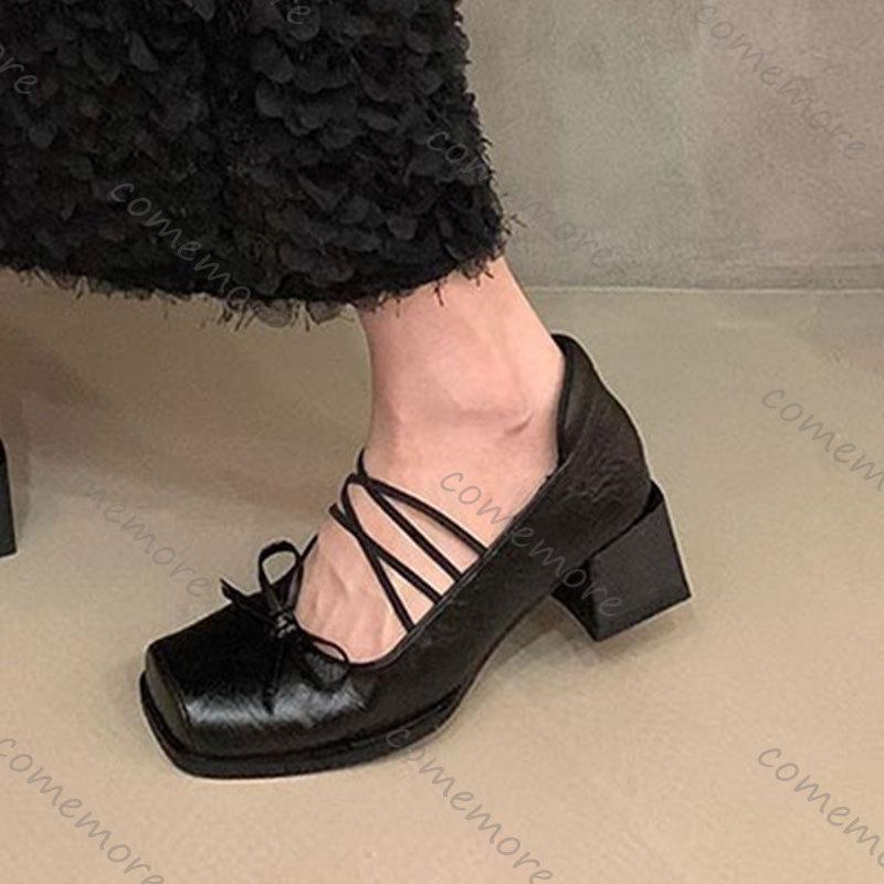 Feiern Sie Französisch Quadratische Spitze Leder Ballett Einzelne Schuhe Schwarz Dicke Hohe Absätze Schleife Flacher Ausschnitt Retro Pumps Mary Jane Schuhe