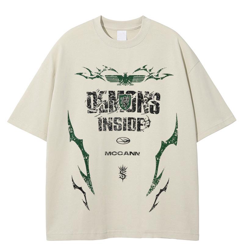 

Distressed White Graphic Tee Demons Inside Print Short Sleeve Shirts XXL хакі