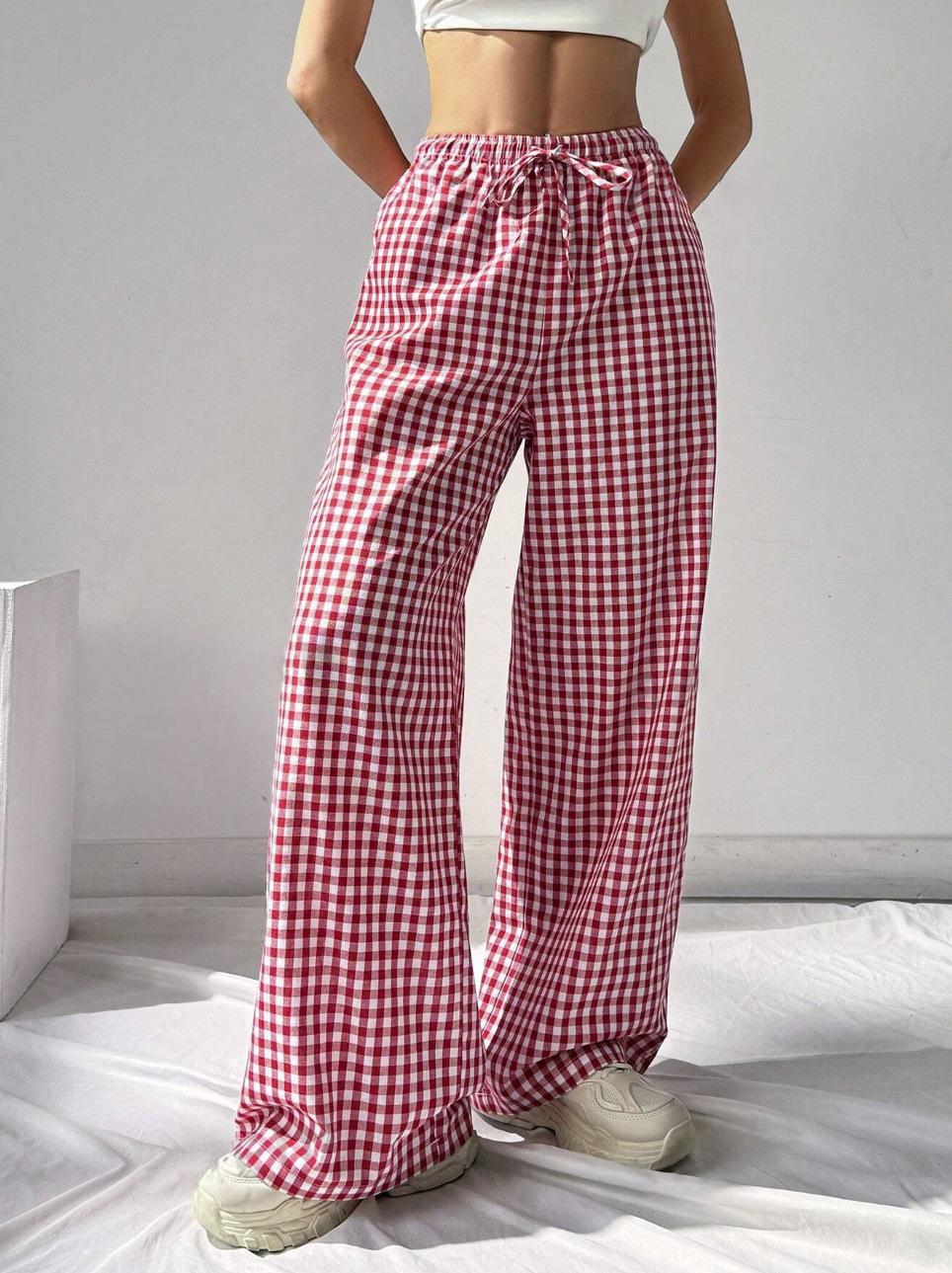 Women S High Waisted Plaid Straight Wide Leg Casual Pants Summer Thin S красный