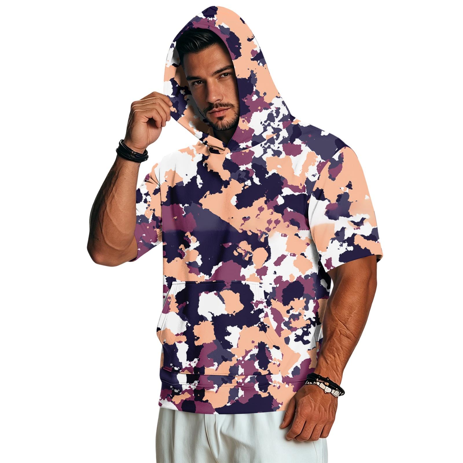 Men s Short Sleeve Hoodie Casual Retro Lightweight Camouflage Print XXXL