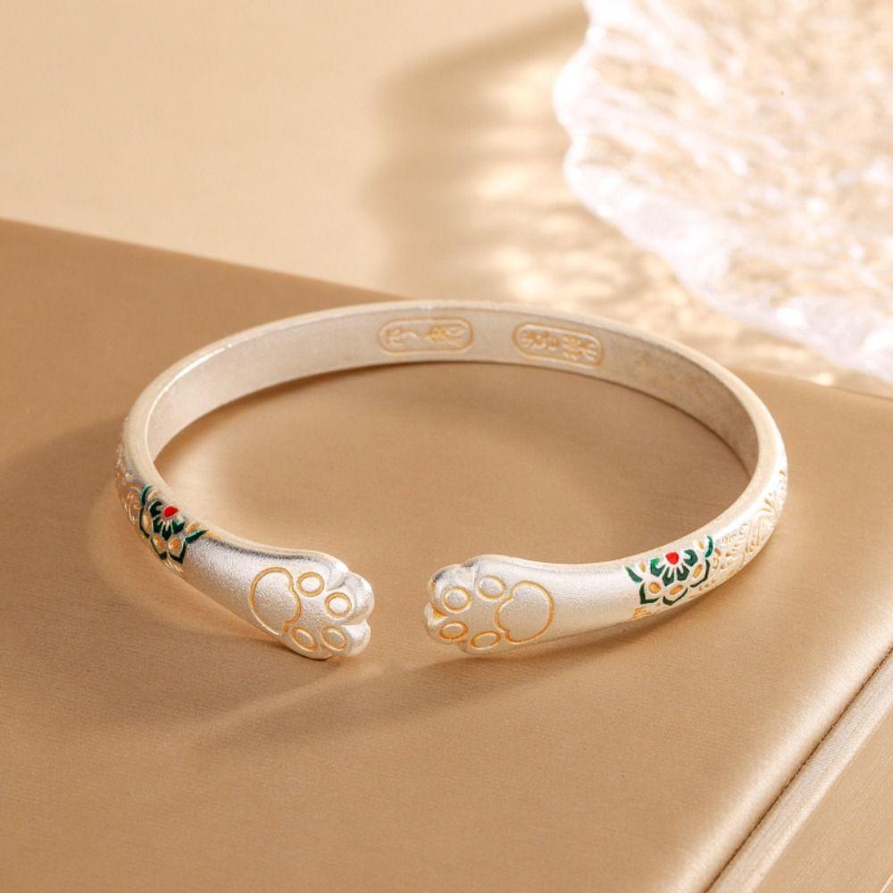 Traditional Enamel Flower Bangle Cat Paw Women's Opening Bracelet  Jewelry Gifts