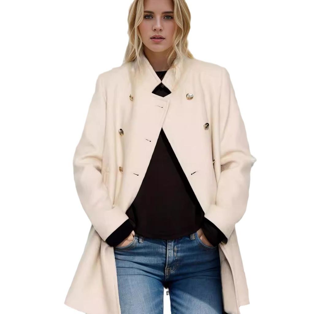 European and American Autumn and Winter Long Lapel Thin Solid Color Slim Women's Woolen Coat Coat