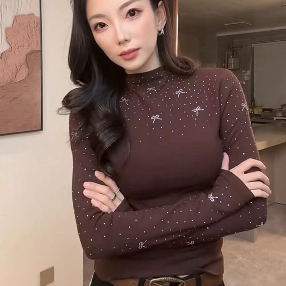 

Autumn/Winter Rhinestone Bow High Neck Long Sleeve Slimming Base Layer Top XL коричневий