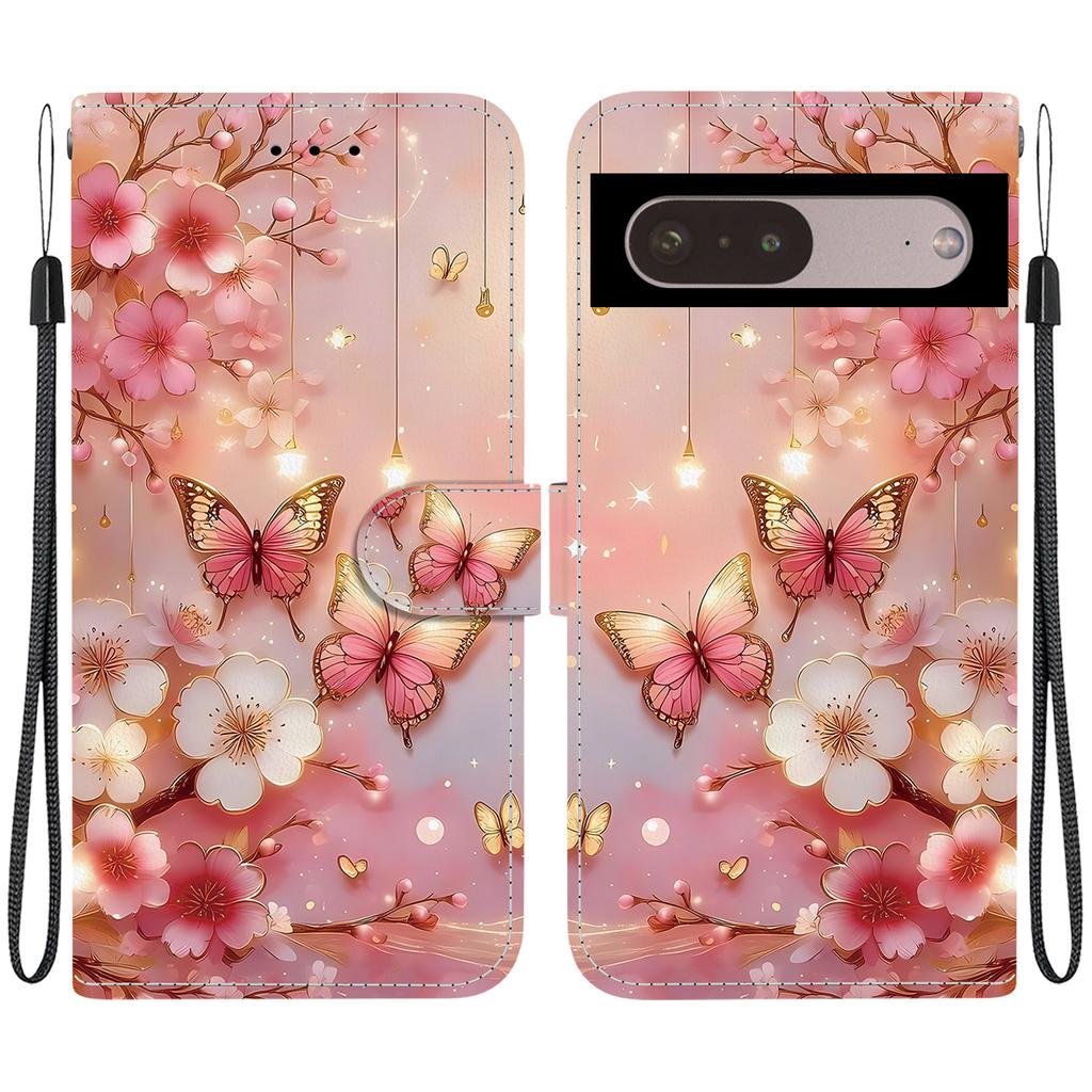 Handmade PU Leather Flip Case for Google Pixel 7 Pro Anti-Slip Shockproof Cover with Wrist Strap & Heart/Rose Cat Designs
