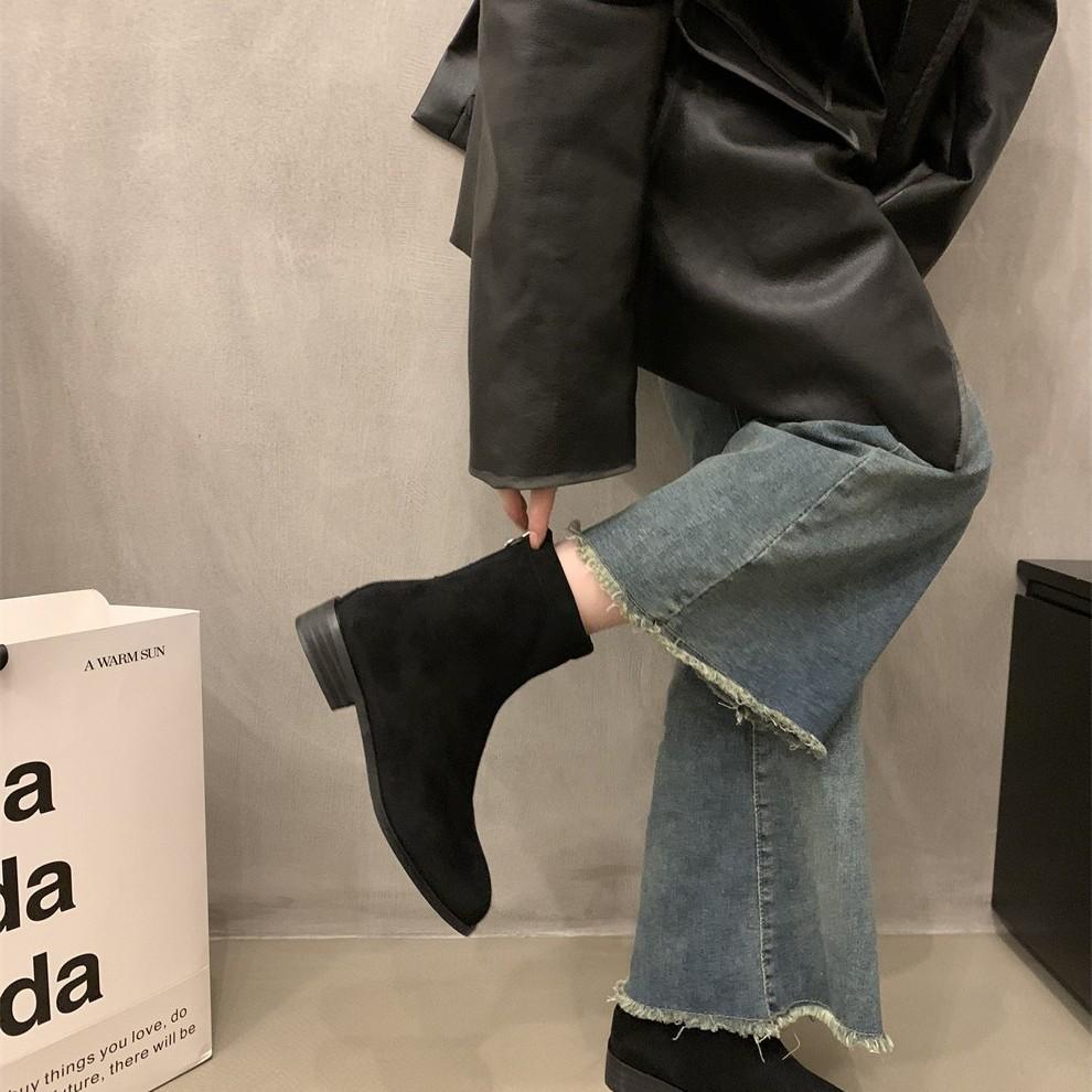 Bottines courtes décontractées pour femmes, bout carré, talon bas épais, bottines à fermeture éclair, bottines de marche Chelsea confortables en faux daim pour femmes