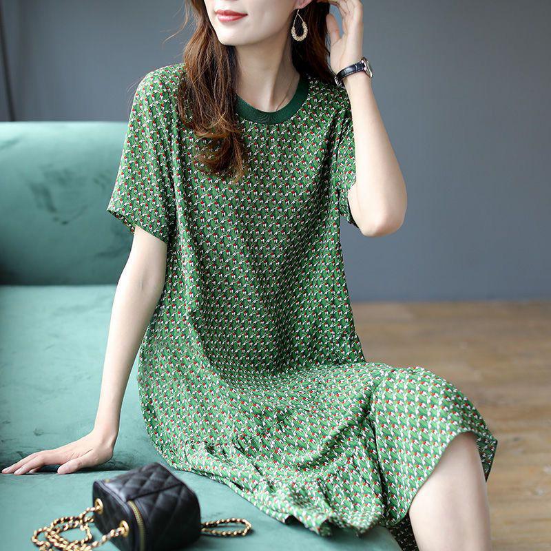 Casual Floral Printing Dresses Spring Summer Streetwear Short Sleeve Round Neck Loose Pullovers Midi Dress Women's