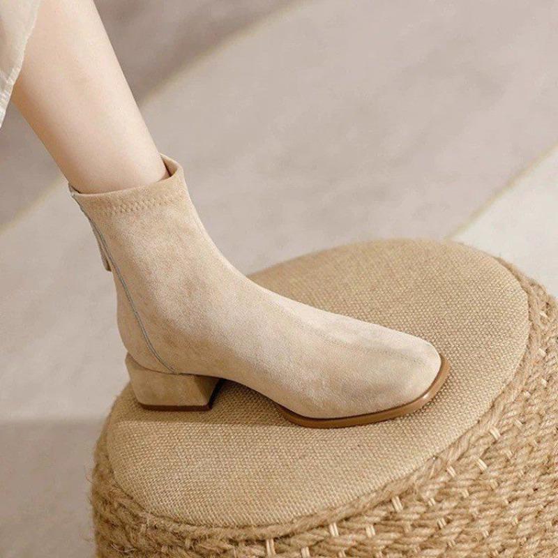 Coarse Heel Suede Martin Boots Women's Autumn and Winter Retro Small Ankle Boots Medium Tube Elastic Skinny Boots Square Head Fashion Short Boots