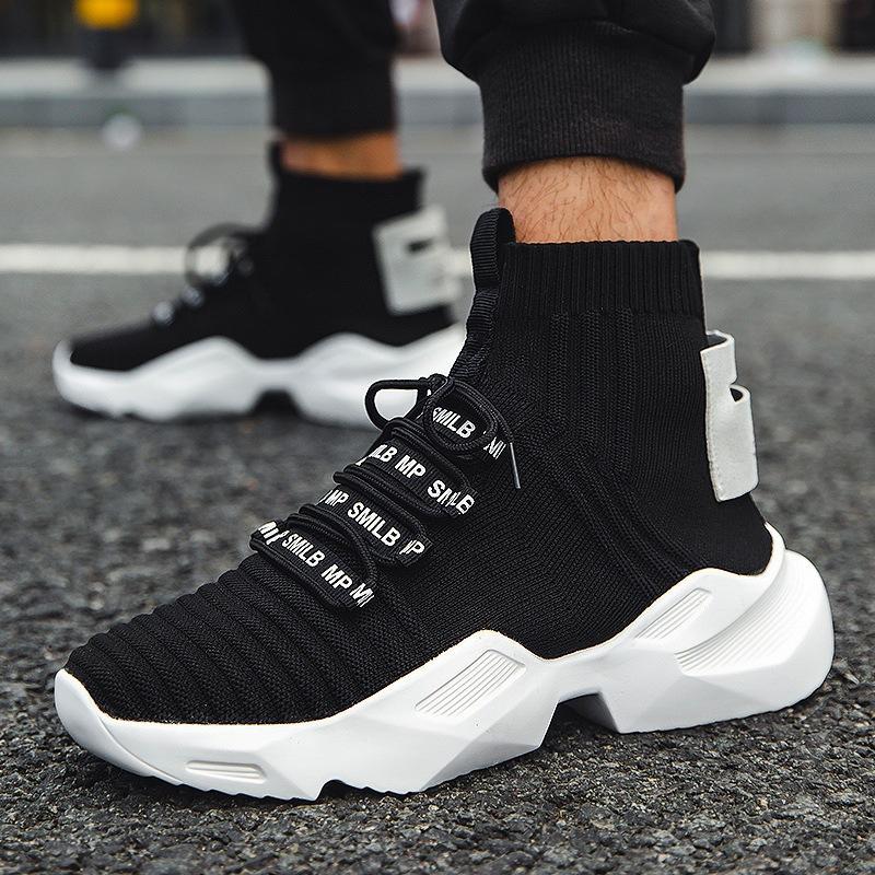 High-top sneakers Lightweight thick-soled large-size men's black breathable running shoes Summer flat-heeled sneakers