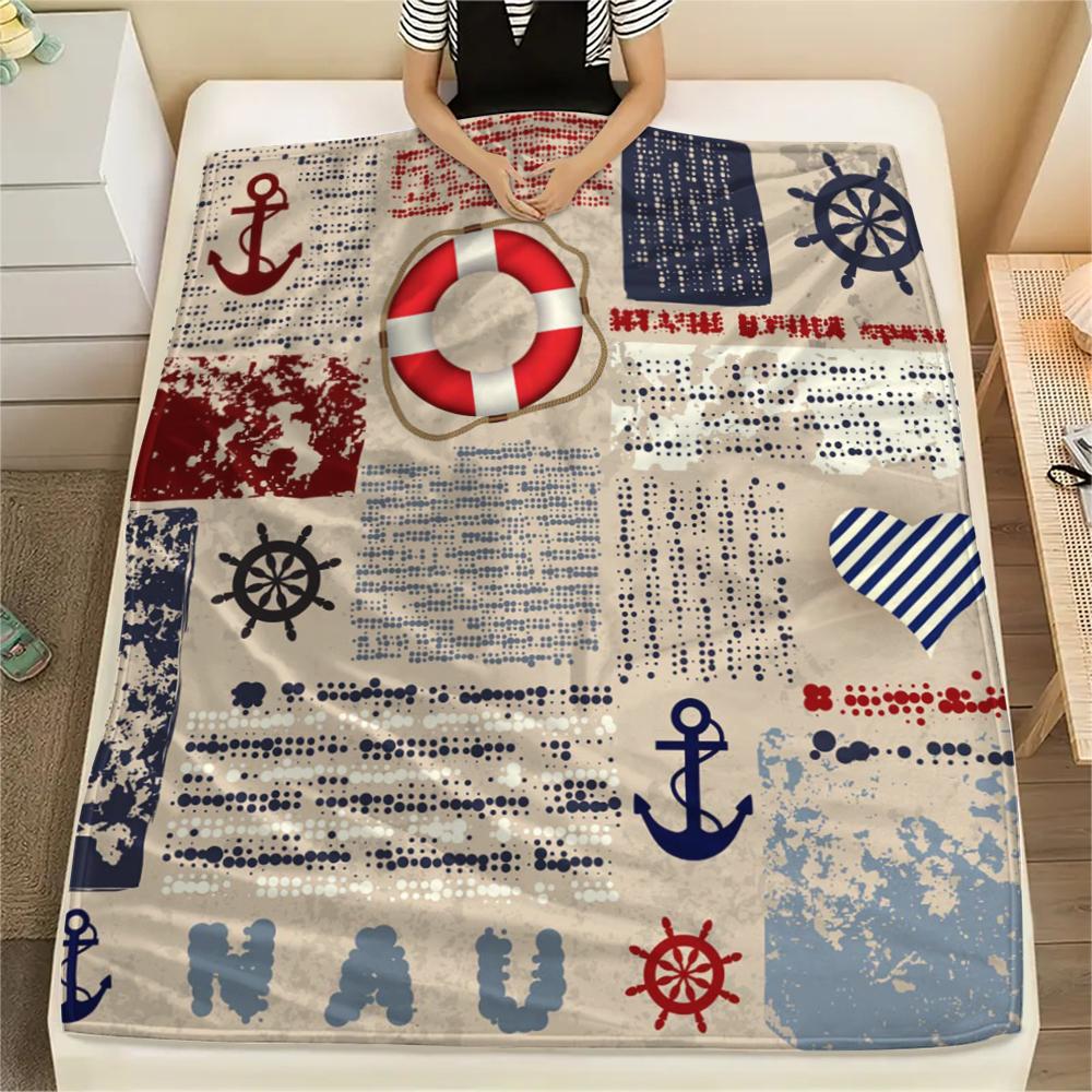1Pc Nautical Theme Print Flannel Blanket, High quality Comfortable for All Seasons, Home Decor, Warmth and Comfort, Perfect for Christmas Gifts