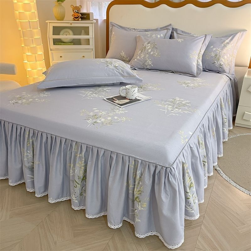 3pcs Printing Ruffled Edge Soft Comfortable Breathable Bed Skirt Set All-season Availability,  Mattress Cover, Printing Bedding Set, for Bedroom