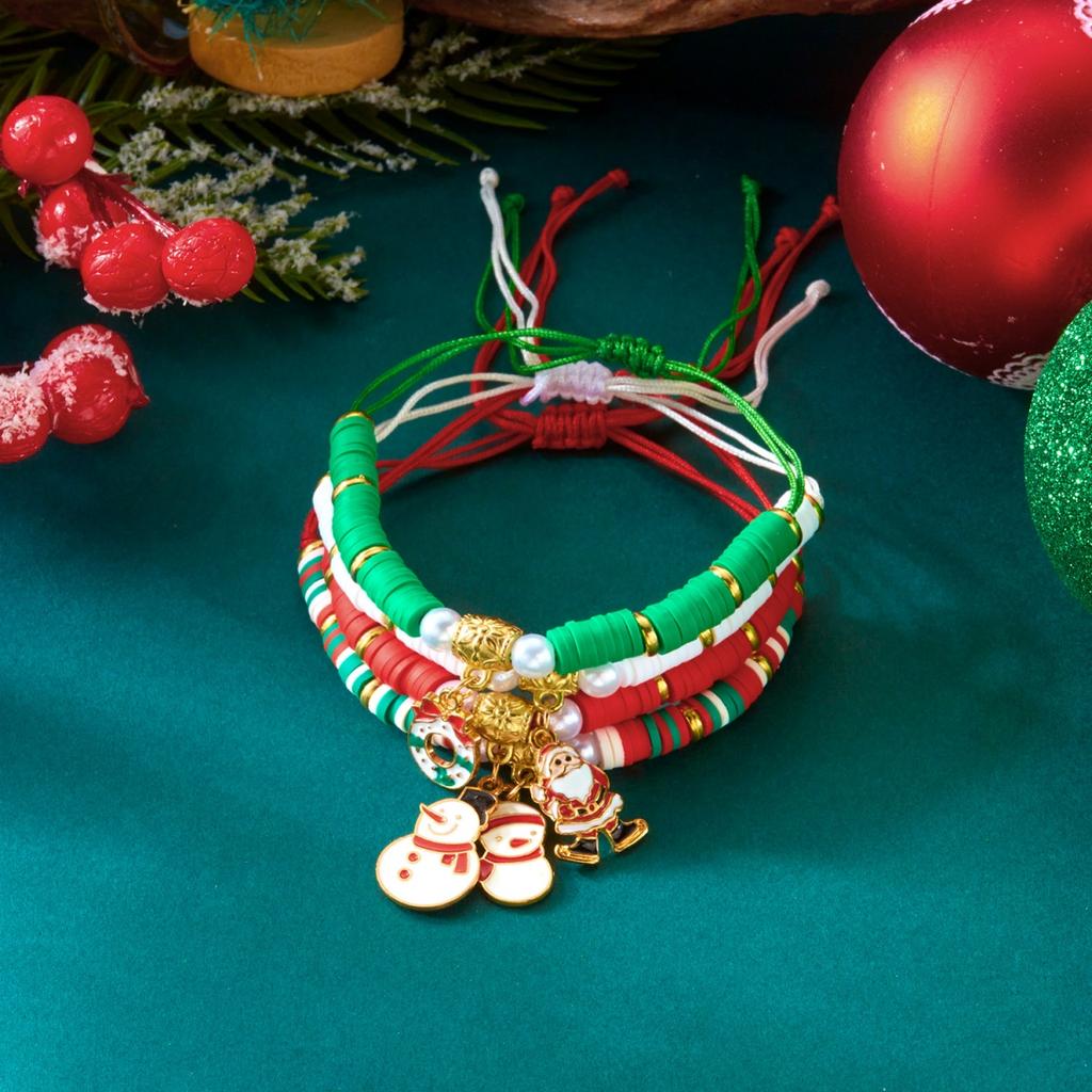 Christmas Santa Claus Deer Braided Bracelet Tree Snowflake Crystal Imitation Pearl Soft Clay Bead Bangles For Women Men Jewelry