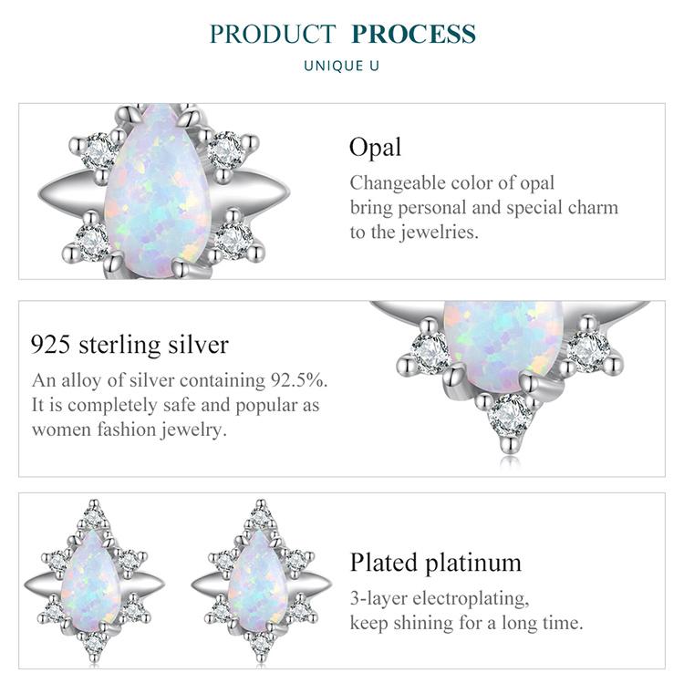 Bamoer 925 Sterling Silver Waterdrop-shaped Opal Earrings for Women Fine Jewelry Star-like Ear Studs Wedding Party Gift