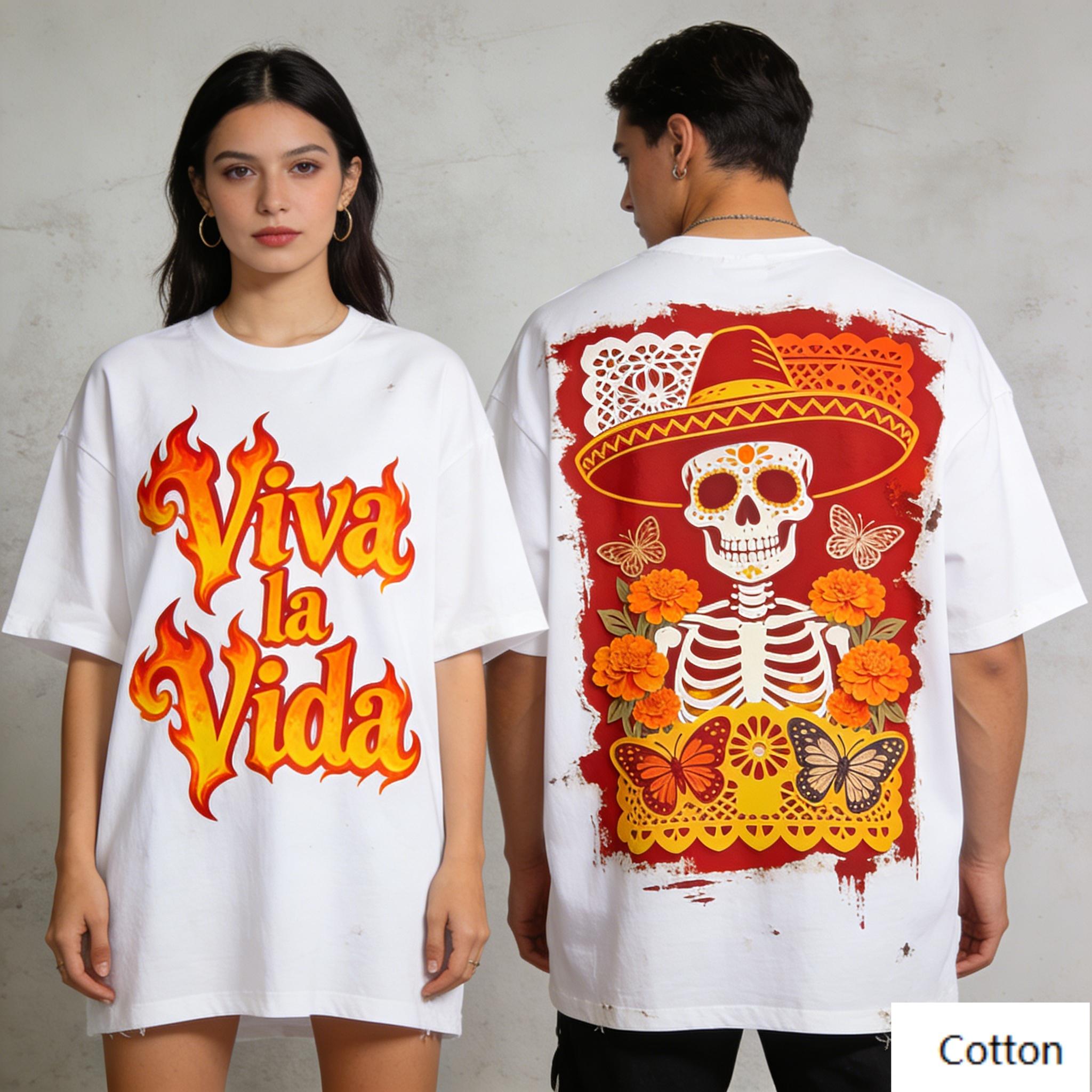 

Day of The Dead Sugar Skull Marigold Graphic TShirt Fiery Viva La Vida Lettering Print Pure Cotton Tee Mexican Folk Streetwea 4XL