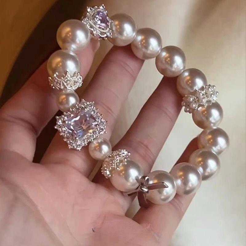 Brățară pătrată cu zirconiu perlat, cu mărgele în formă de inimă, brățară retro franțuzească de lux ușor, temperament rafinat, bijuterii high-end pentru femei