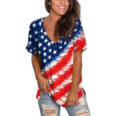 Letné dámske tričká s V-výstrihom, 3D potlačou americkej vlajky, módne, ležérne, s krátkym rukávom