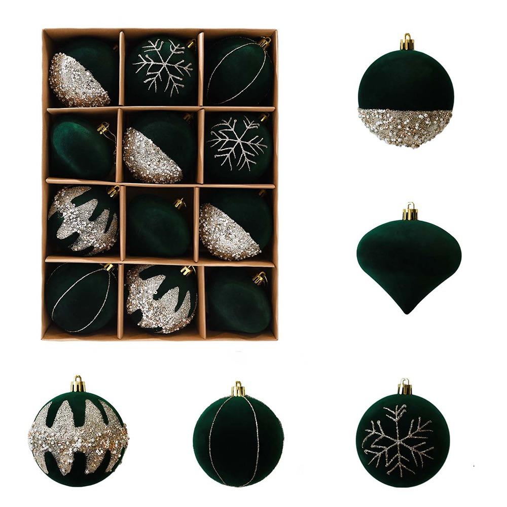 12Pcs Glitter Christmas Baubles Ornament Plastic Flocked Ball Gift Box New Year
