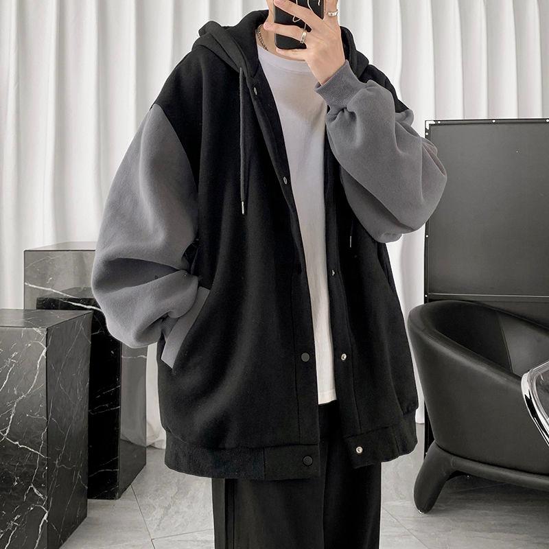 Contrasting Colors Fashion Patchwork Coats Autumn Casual Hooded Men's Clothing Drawstring Style Basic Loose Jackets