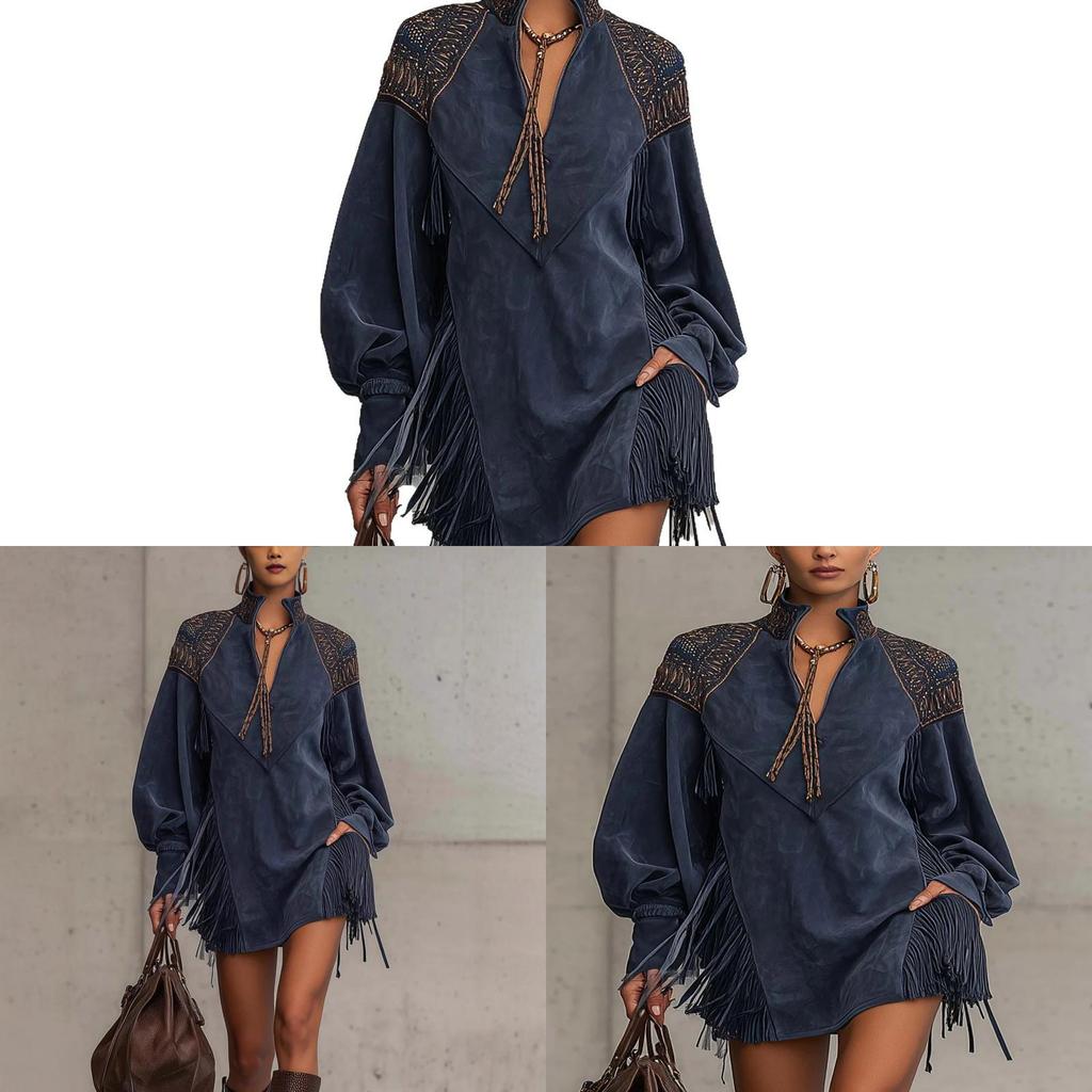 Elegant British Style Long Sleeve High Neck Suede Dress For Casual And Party Wear