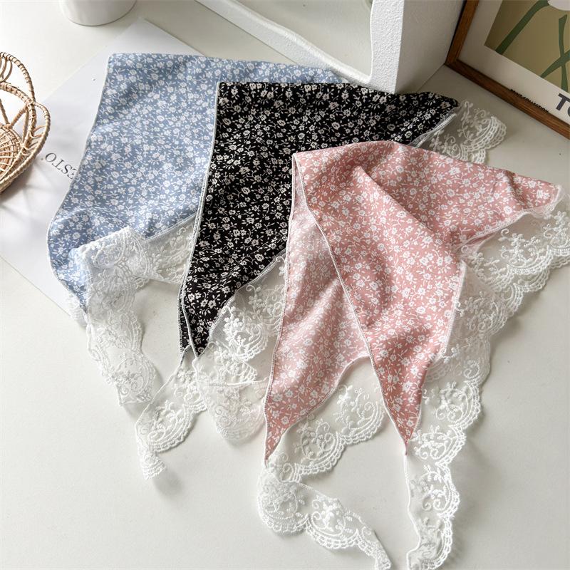 Spring Summer Floral Head Scarf with Decorative Lace Edge for Women Daily Wear Breathable Versatile Fashion Accessory