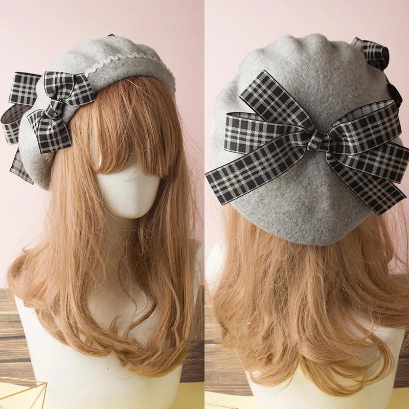 Handmade Women Wool Felt Beret Lolita Girls Cute Hat With Raised Bowknot Painter Beanie Cap