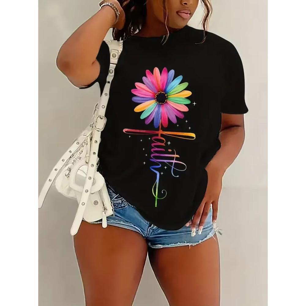 Blumen- & Buchstaben-Print T-Shirt Lässig Rundhals Kurzarm Sommer T-Shirt Damenbekleidung