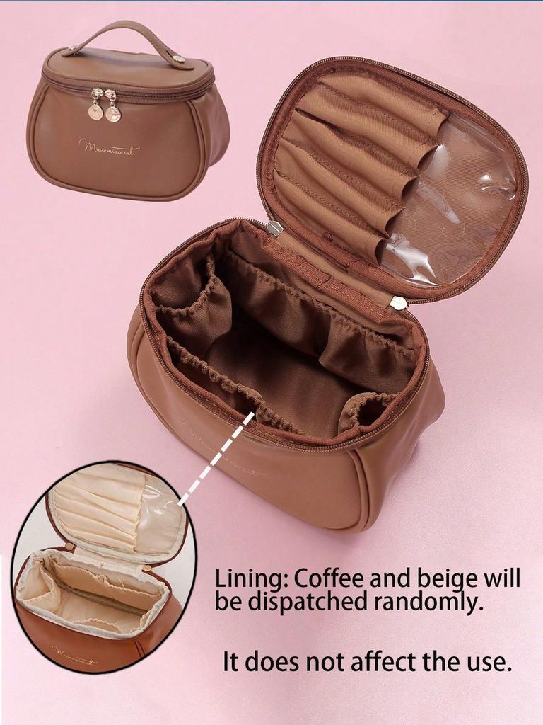 Large Capacity Double-Layer Makeup Bag, PU Leather Waterproof Cosmetic Bag, Makeup Organizer, Lightweight Toiletry Bag With Comp
