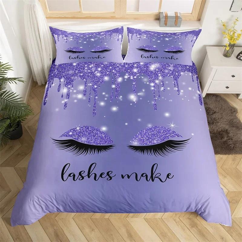 Smile Eyelash Duvet Cover Set Glitter Fragments Dreamy Twin Queen Bedding Set Microfiber Eyelashes Make Romantic Comforter Cover