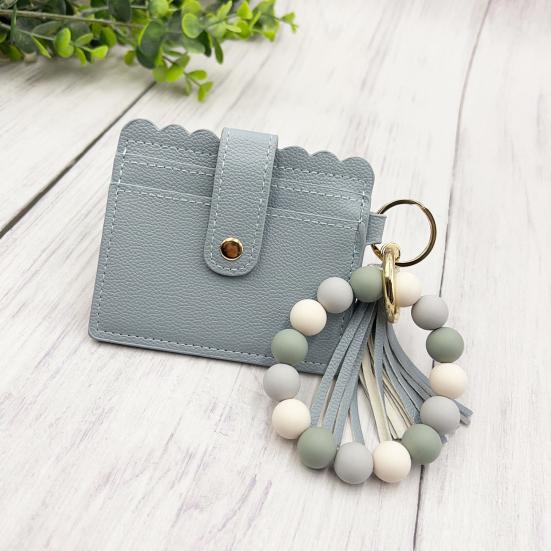 Silicone Bracelet Keychain Wallet Beaded Wristlet Credit Card Holder with Tassel Slim Card Wallet with ID