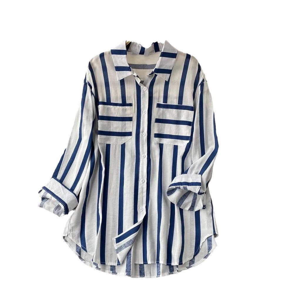 Summer, Spring, Autumn Mid Length Vertical Striped Multi-color Shirt Jacket for Women, Korean Casual Loose Top