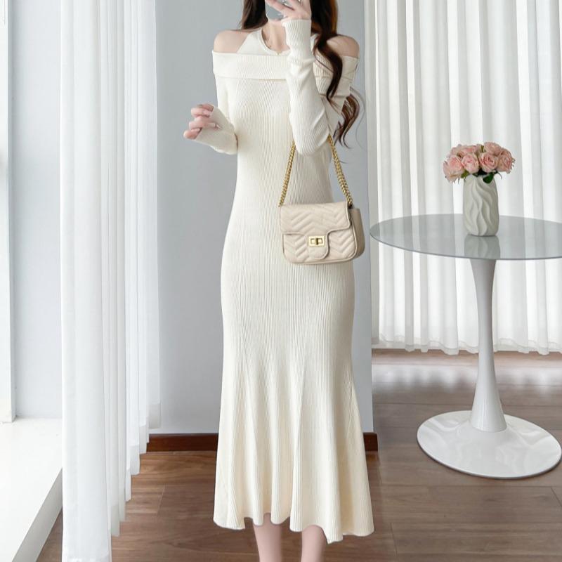 

Женская мода осень-зима сплошной цвет печати с длинным рукавом и круглым вырезом с высокой талией повседневные платья S