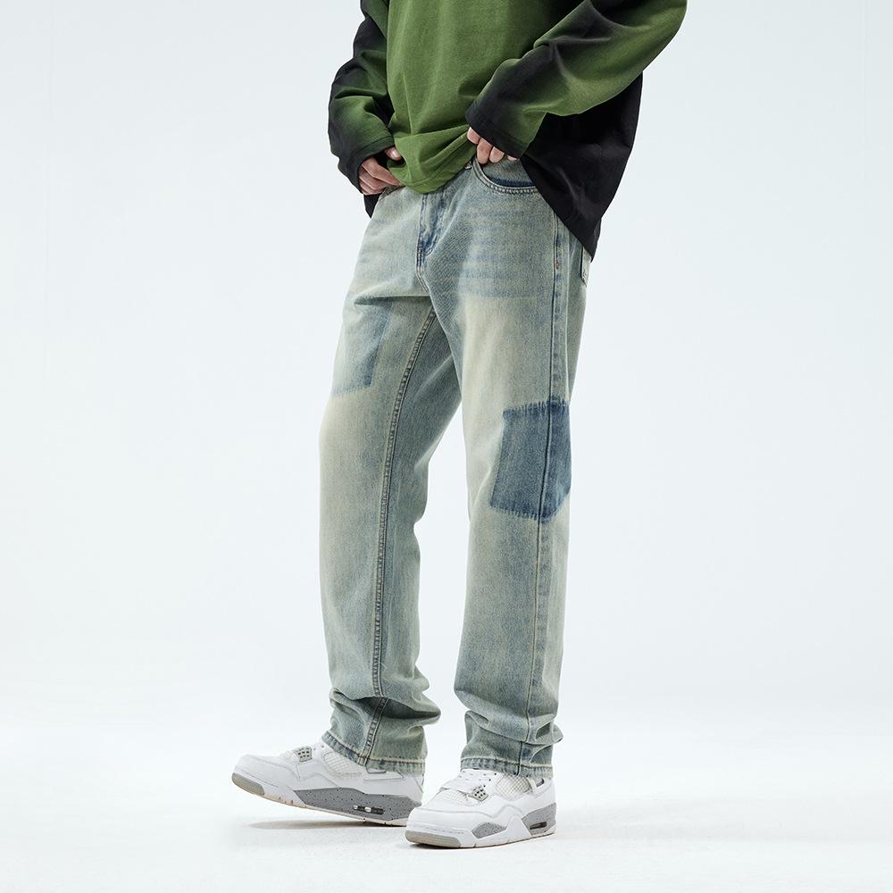 American street washed contrasting jeans men's and women's versatile retro straight-leg pants high street old casual trousers
