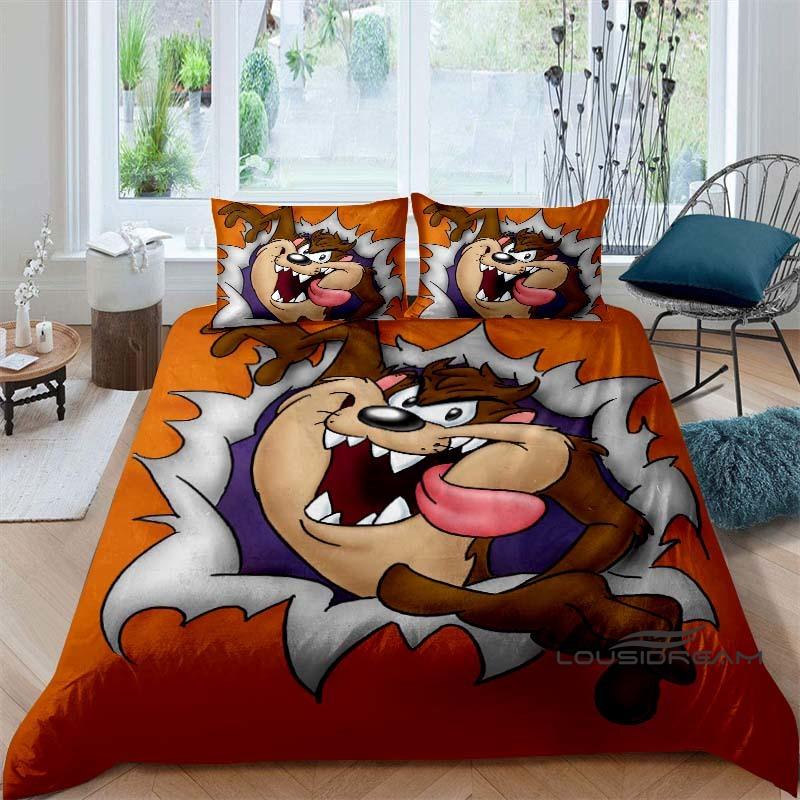 Cartoon T-Tasmanian Devil bedding set, printed single duvet cover and pillowcase three-piece set, children's and adult sizes.002