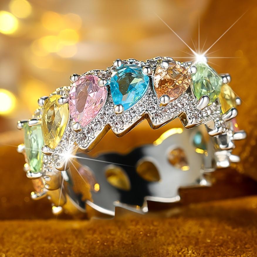 Rainbow Oval Cubic Zirconia Rings for Women Gold Color Luxury Colorful Wedding Band Accessories Statement Jewelry Gift