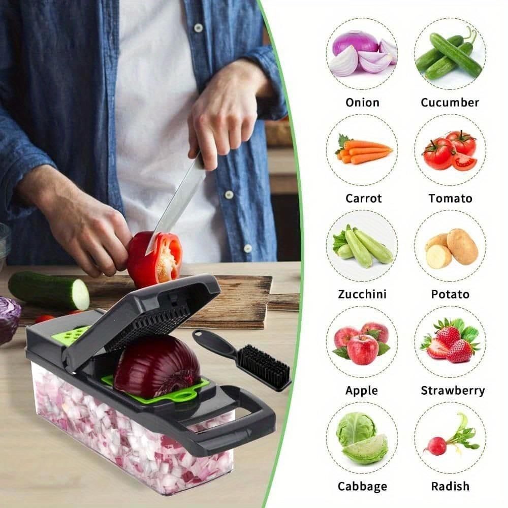 Multifunktionale Gemüsereibe, Manuelle Lebensmittelreibe, Obstschneider, Gemüseschneider, Schneider mit Behälter, Reinigungsbürste und 8 Klingen