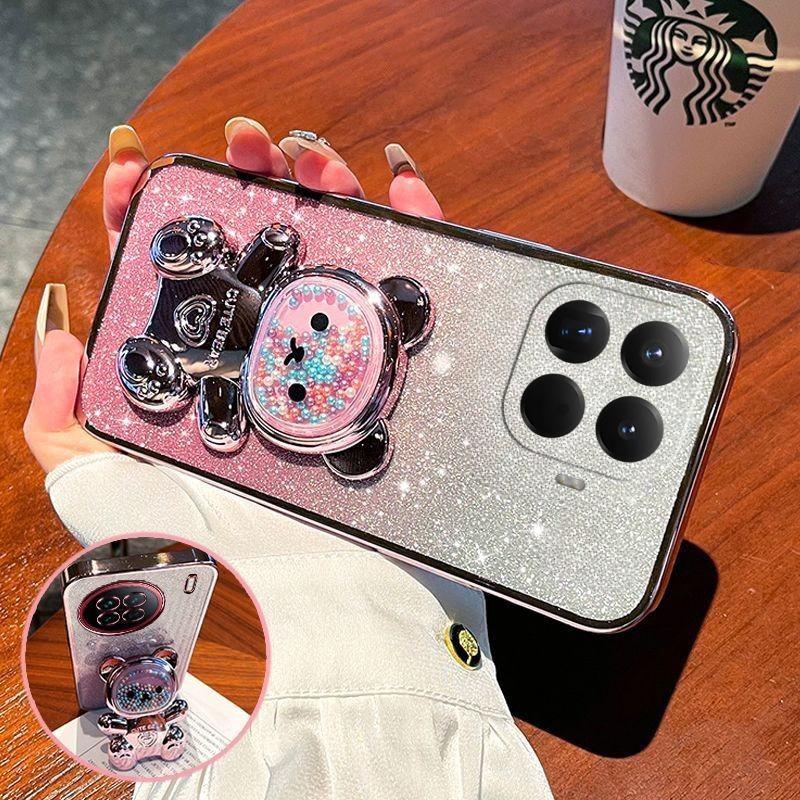 For Xiaomi 17T Pro Case with Gradient 3D Bear Folding Stand Bracket Luxury Slim Plating Glitter Girls for Xiaomi 17T Back Cover