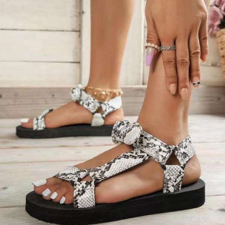 2025 Summer Large Size Beach Shoes Female Velcro Bow Round Head Flat Bottom Leopard Print Sandals Female Elegant Generous Shoes