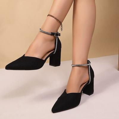 Sandalias de Tacón de Bloque Baotou Talla Grande Adelgazantes para Mujer Nuevas de Punta Fina Poco Profundas con Tira de Pedrería Tacones Altos