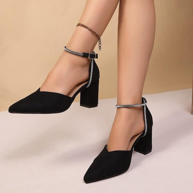 Sandali da Donna Nuovi con Tacco Blocco Baotou Taglia Grande Imbottiti, Punta Acuta, Bassi, Cinturino con Strass, Tacco Alto