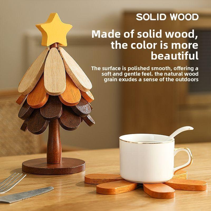 Christmas Tree Heat Resistant Coaster Set With Wooden Material For Holiday Table Decor