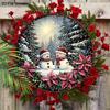 Snowman Winter Forest Poinsettia Round Wooden Hanging Sign, 2D Printed Christmas Front Door Wall Ornament