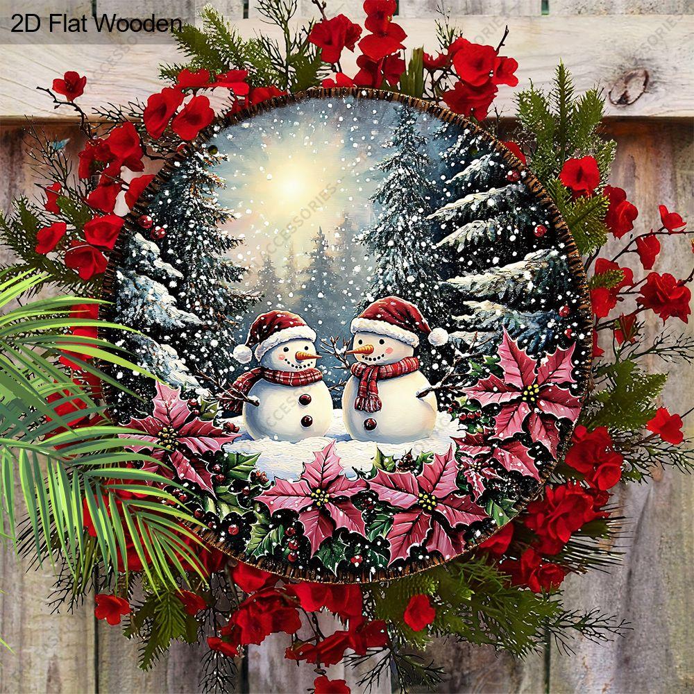 Snowman Winter Forest Poinsettia Round Wooden Hanging Sign, 2D Printed Christmas Front Door Wall Ornament