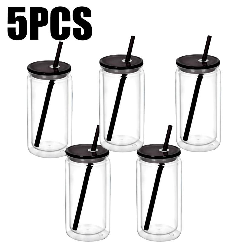 1/1/1PC 16OZ Double Wall Snowglobe Tumbler with Pre-Drilled Hole Reusable Drinks Cups With Straw Break-Resistant Mason Jar Cups